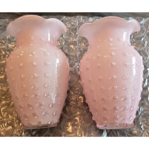 TWO Soft Pink Hob Nail Milk Glass Vases,Mid Century Farmhouse Cottage Chic Decor
